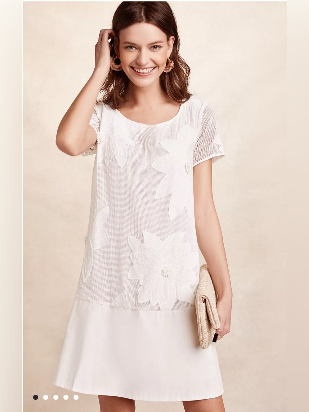 Anthropologie Maeve Orchard Beach White Floral Appliqué Short-Sleeve Dress